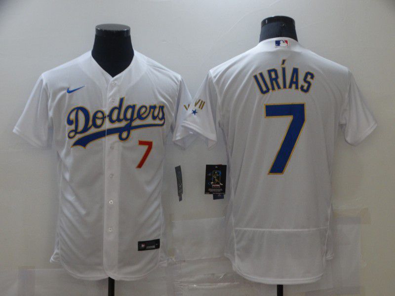 Men Los Angeles Dodgers #7 Urias Champion of white gold and blue characters Elite 2021 Nike MLB Jersey